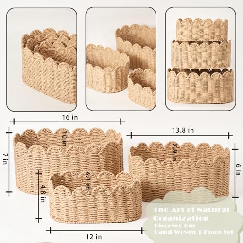 Scalloped Basket Set of 3, Wicker Storage Baskets - Image 5