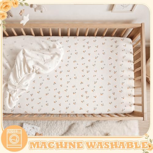 Breling 2 Pcs Muslin Rose Floral and Leaf Print Crib Sheets - Image 5