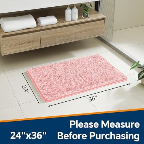 Chenille Bathroom Rug 24"x36" Pink, Non-Slip Plush Bath Mat - Image 2