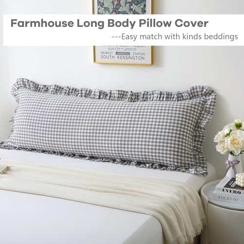 Grey White Gingham Ruffle Body Pillow Cover 20"x54" - Image 3