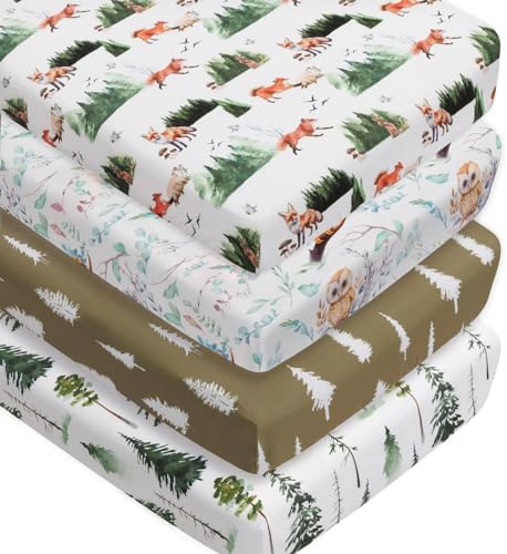 4 Pack Woodland Forest Animals Wood Neutral Unisex Fitted Baby Crib Sheets Set by Jola%27s+House