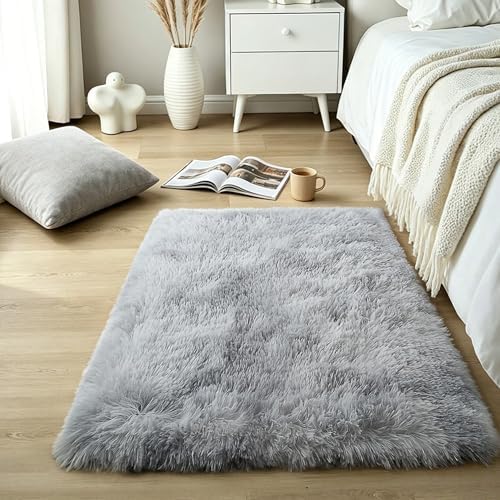 Tie-Dye Light Grey Shag Rug, Washable Non Slip Fluffy Kids Carpet by KICHOWUA