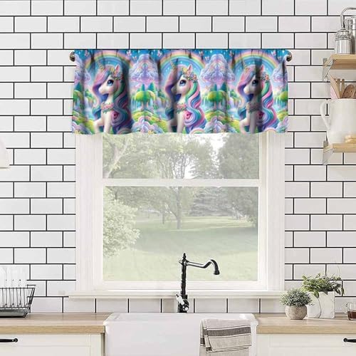 Cartoon Unicorn Valances Curtains Colorful Flowers Dreamy Rainbow Window - Image 4