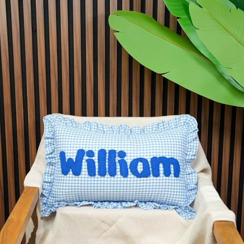 Personalized Frilly Punch Needle Name Throw Pillow – Custom Embroidered Gingham - Image 4