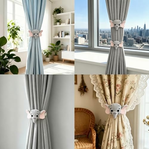 2 Pack Cartoon Grey Elephant Curtain Tiebacks, Cute Embroidered Curtain - Image 6