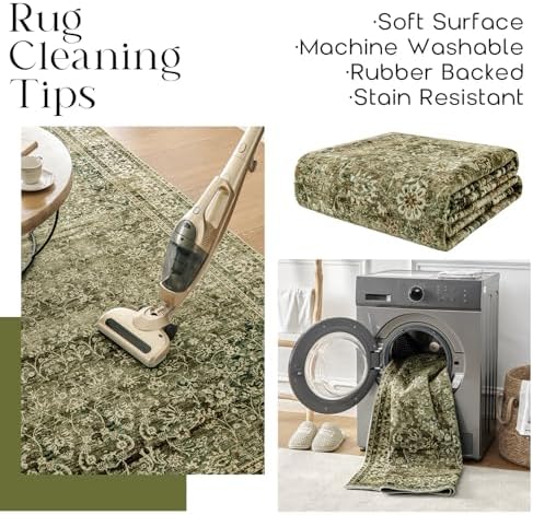 Olive and Beige Throw Rugs 2x3 Washable Vintage Floral Thin Small Area Rug - Image 4