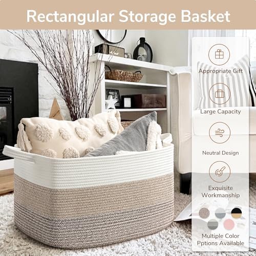 Goodpick Large Woven Rope Blanket Basket, Light Brown - Image 7
