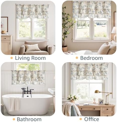 jinchan Ruffled Floral Valance Curtain 18 Inch 1 Panel Blue on Beige - Image 4