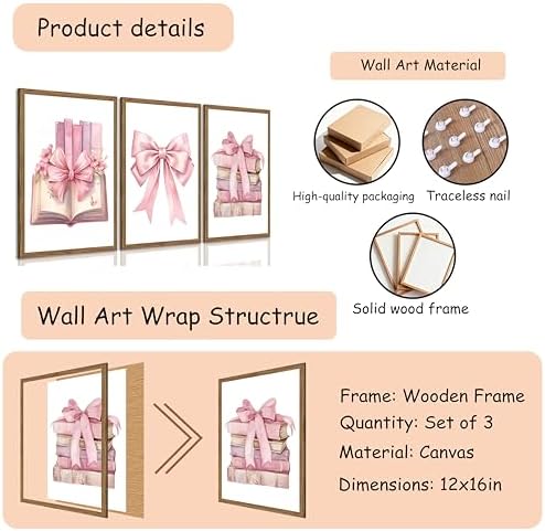 JBZDD Bow decor Art Set of 3, Book Lovers Gifts Preppy Decor Trendy Pink book - Image 3