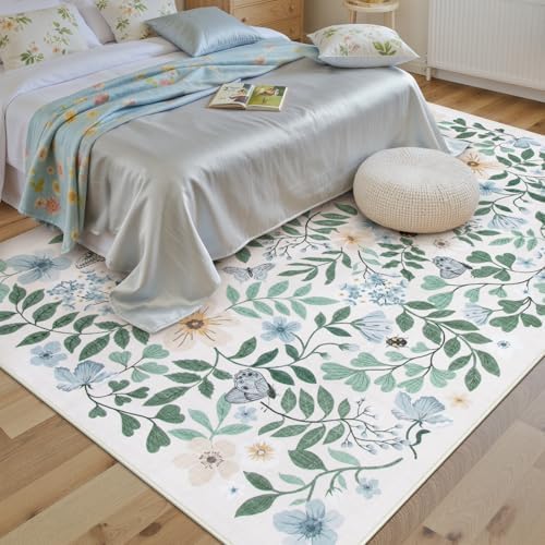 Lahome 5x7 Light Blue Rugs for Girls Bedroom, Boho Washable Floral Rug by Lahome