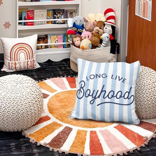 Boys Room Decor Pillow Covers 18x18, Long Live Boyhood Blue Striped Decorative - Image 2