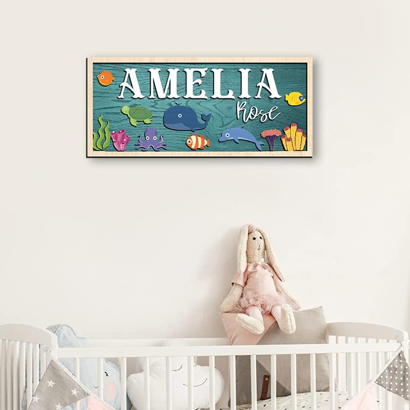 Custom Baby Name Sign, Ocean Nursery Wall Decor, Personalized Wooden Name Plaque - Image 3