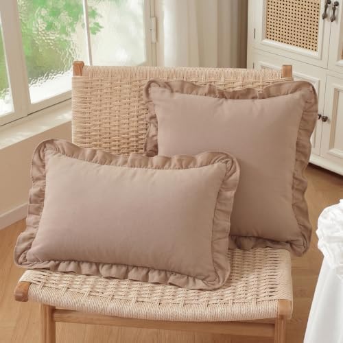 Set of 2 Taupe Ruffle Throw Pillow Covers 18x18 Inch, Solid Color Pillow Cases - Image 3
