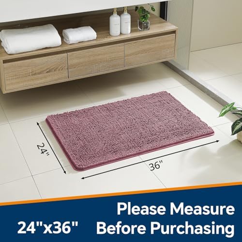 Chenille Bathroom Rug 24"x36" Dusty Rose, Non-Slip Plush Bath Mat - Image 2