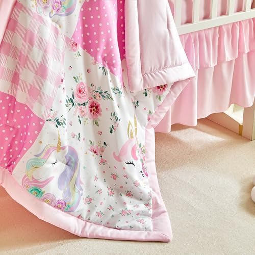 Patchwork Crib Bedding Set Unicorn Plaid Floral Design 3 Pieces Baby Girl Cute - Image 6