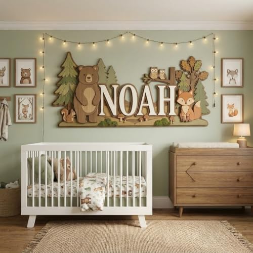 Personalized Woodland Baby Name Sign, Custom Forest Bear Fox Owl Nursery Wall - Image 2