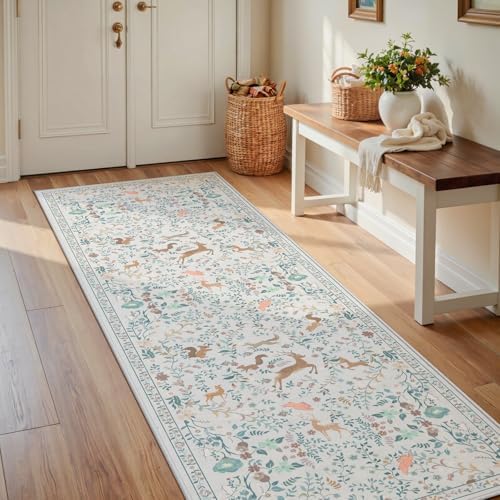 Runner Rug Washable Runners Kitchen Rugs Non Slip Neutral Floral Carpet - Image 2
