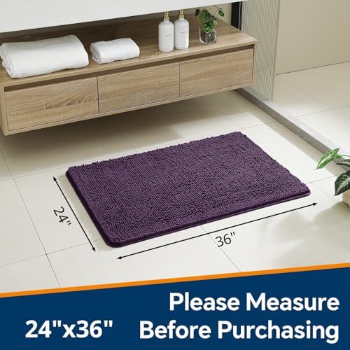 Chenille Bathroom Rug 24"x36" Plum, Non-Slip Plush Bath Mat - Image 2