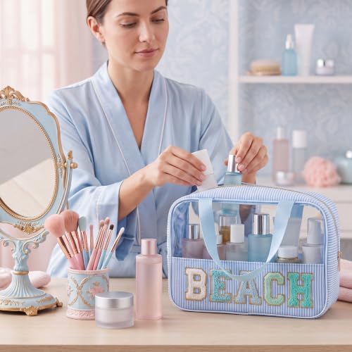Sanwuta 3 Pcs Seersucker Beach Bag Chenille Letter Clear Makeup Bag - Image 6