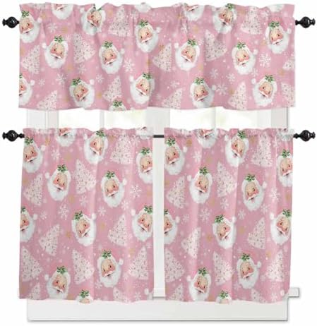 Pink Christmas Kitchen Curtains and Valances Set, Santa Claus Merry Christmas by VandarllinHomeKitchenDecor