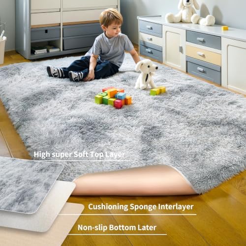 6x9 Thick Tie-Dye Gray Shag Rug - Image 4