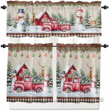 Christmas Kitchen Curtains and Valances Set, Farm Red Truck Window Treatments by VandarllinHomeKitchenDecor