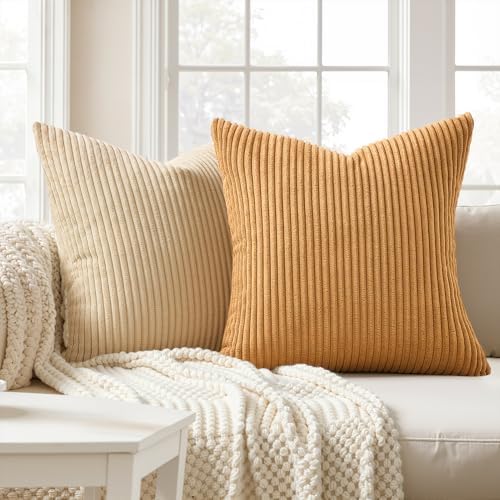 Topfinel Yellow Brown Throw Pillow Covers Rustic Modern Soft Corduroy Striped - Image 2