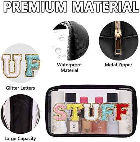 Iqimott Clear Patch Makeup Bag Stuff Pouch, Preppy Personalized Chenille Letter - Image 3