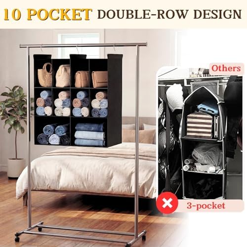 3 Tier Hanging Closet Organizer, 10 Compartments Dual Row Storage - Image 4