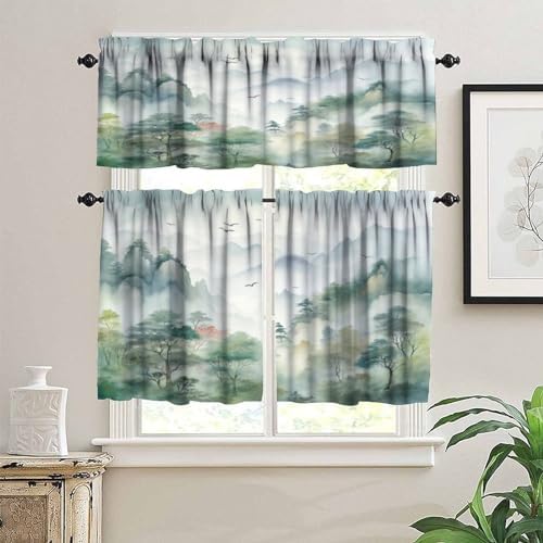 Forest Valance Curtain for Kitchen, Watercolor Style Nature Woodland Green - Image 3