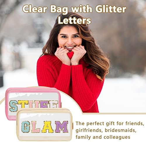 Iqimott Clear Patch Makeup Bag Monogram Pouch, Preppy Personalized Chenille - Image 5