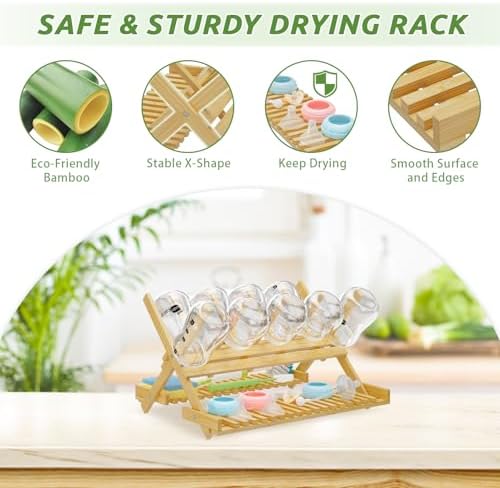 Baby Bottle Drying Rack Foldable Vertical Bamboo Organizer - Image 4