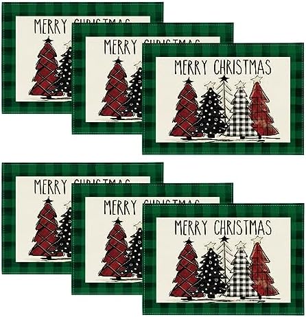 Artoid Mode Waterclor Green Buffalo Plaid Christmas Trees Placemats Set of 6 by ArtoidMode