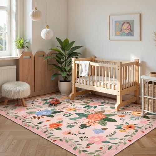 Lahome Pink Rugs for Kids Room 8x10, Pastel Floral Border Decor for Girls Room - Image 3