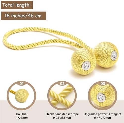 Hion Magnetic Curtain Tiebacks Golden 4pcs, Curtain Holdbacks Hooks Holders - Image 2