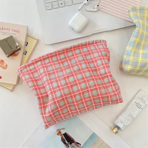 Flat Makeup Bag for Women, Zipper Cosmetic Pouch for Purse, Check Red - Image 6