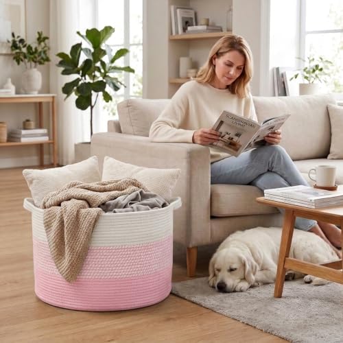 90L Extra Large Blanket Basket, Woven Rope Laundry Basket-Mixed Pink - Image 4