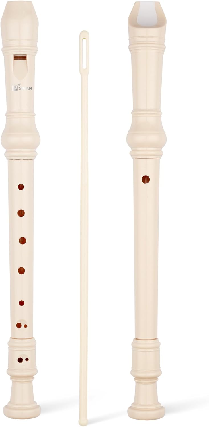 SWAN Soprano Recorder Instrument for Beginners Kids Student in School - German Fingering 8 Hole Flute 3pcs ABS Descant Recorders with Cleaning Rod and Fingering Chart, Beige