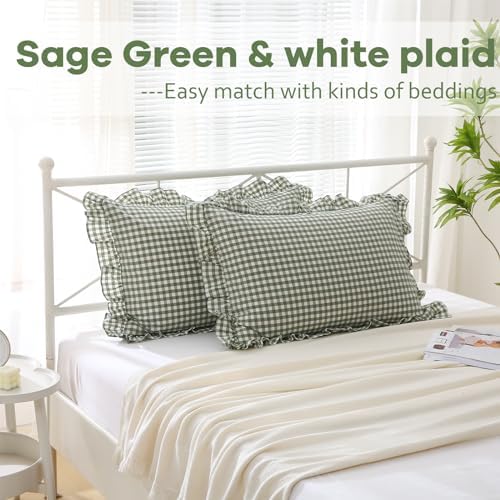 2 Pack Sage Green Gingham Ruffle Standard Pillow Shams 20"x26" - Image 2