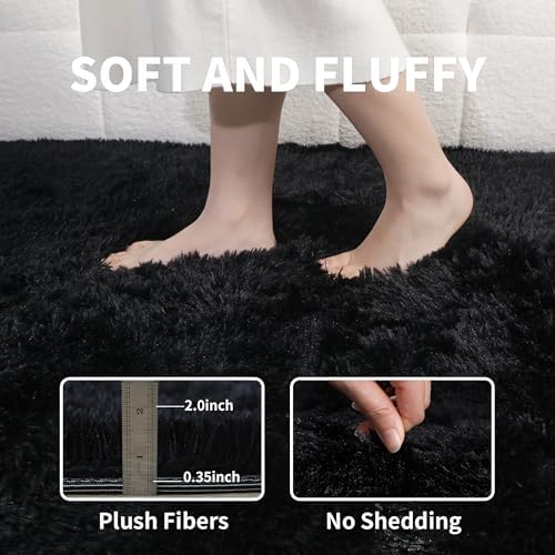 3x5 Black Fluffy Shag Rug for Bedroom, Plush Washable Carpet - Image 3