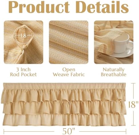 jinchan Ruffled Valance Curtain 18 Inch Farmhouse Sheer 1 Panel Taupe - Image 7