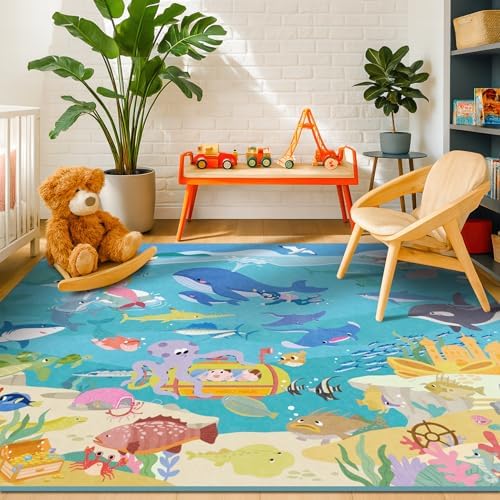Ocean Themed Rug for Kids Room – 6x9 Blue Rug for Kids Room, Sea Creatures & - Image 2