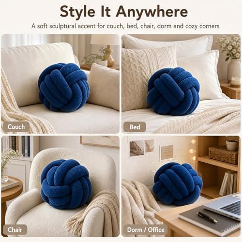 Petrella Navy Blue Knot Pillow Ball, 8 Inch Round Decorative Pillow - Image 3