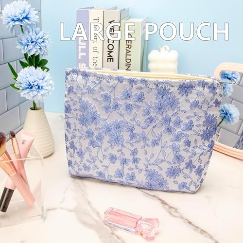 Flat Makeup Bag for Women, Zipper Cosmetic Pouch for Purse, Brocade Silver - Image 2