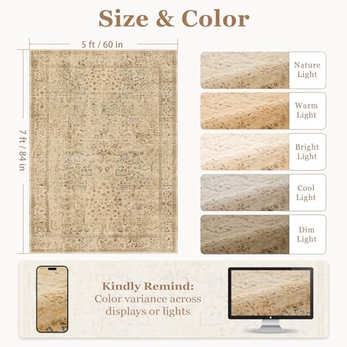 Neutral Tan Floral Area Rug 5x7, Vintage Farmhouse Carpet - Image 2