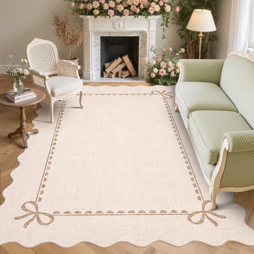 GarveeHome Scalloped Bow Rug 8x10 Washable Beige Rug by GarveeHome