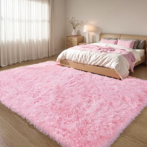 5x7 Pink Shag Rug for Girls Bedroom, Soft Plush Fluffy Carpet by KICHOWUA