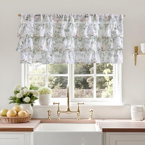 jinchan Ruffled Floral Valance Linen Shabby Chic 18 Inch 1 Panel Green - Image 2
