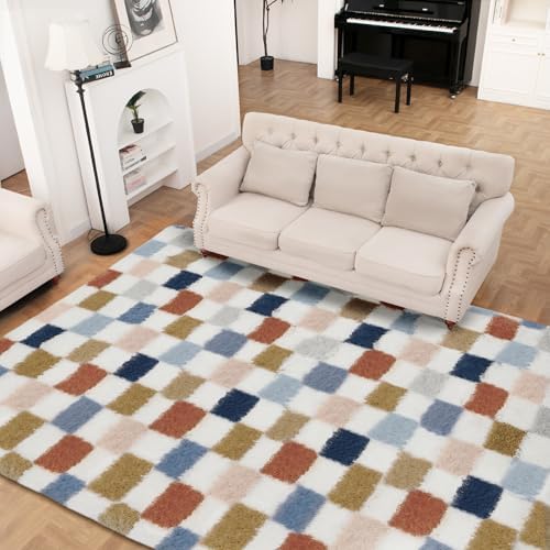 Super Soft Rug for Bedroom, 5x7 Ft Rainbow Area Rug Classic Checkered Shaggy - Image 5