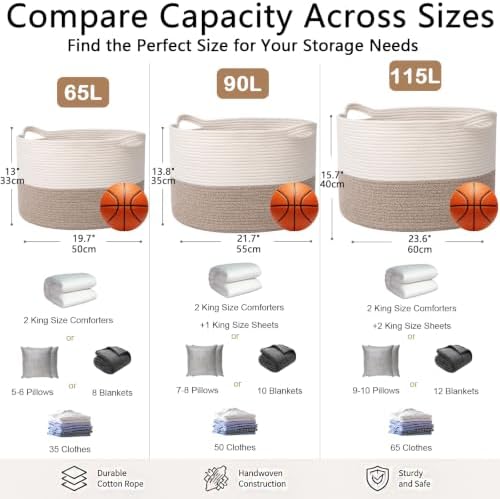 90L Woven Blanket Basket, Extra Large Laundry Basket-White & Brown - Image 2